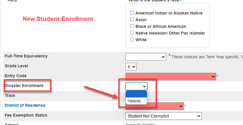 Disaster Enrollment on new student enrollment screen.