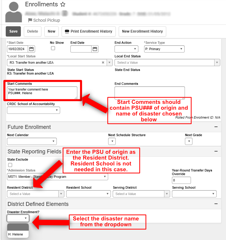 NCSIS Infinite Campus Enrollment screen displaying start comment, resident district and disaster enrollment options.