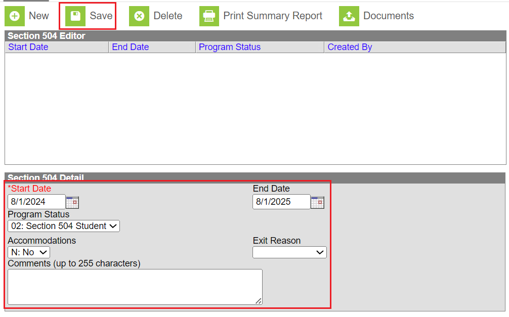 Section 504 Program Entry screen