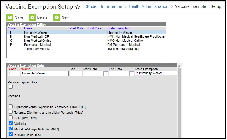 Screenshot of the Vaccine Exemption Setup Tool with the detail fields displaying below the list of existing exemptions.