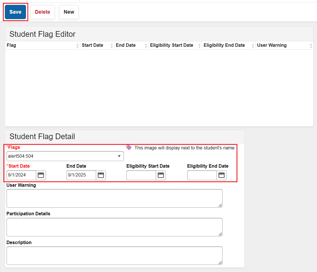 Section 504 program flag entry