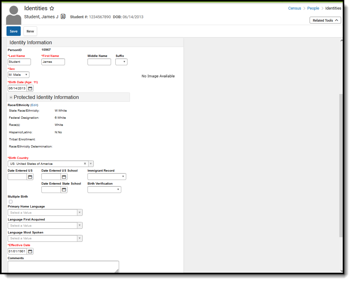 Screenshot of the Identities editor, located at Census, People.