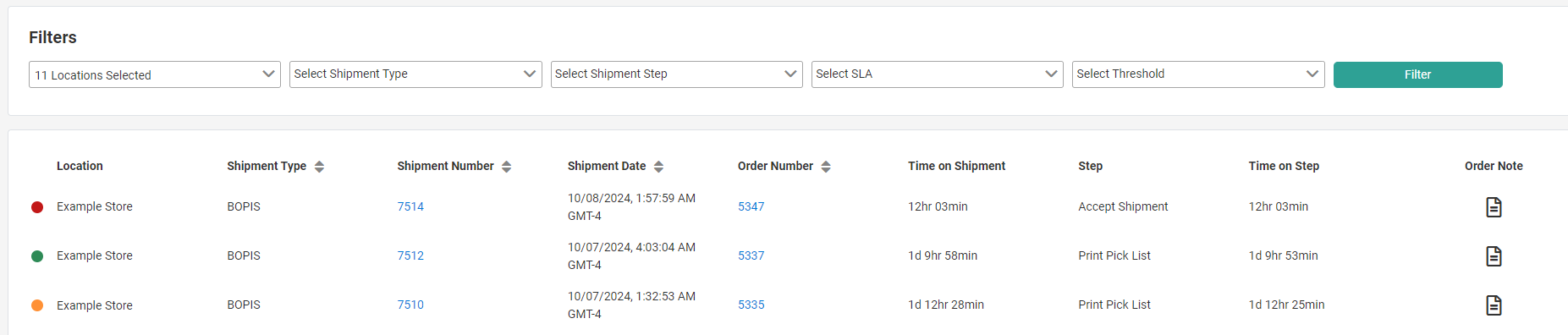 The shipments grid with a list of filters and example shipments