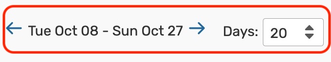 Date range with a forward and backward arrow on each side. Days dropdown set to 20.