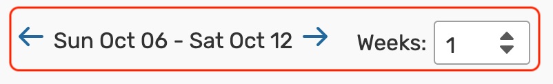 Date range with a forward and backward arrow on each side. Weeks dropdown set to 1.