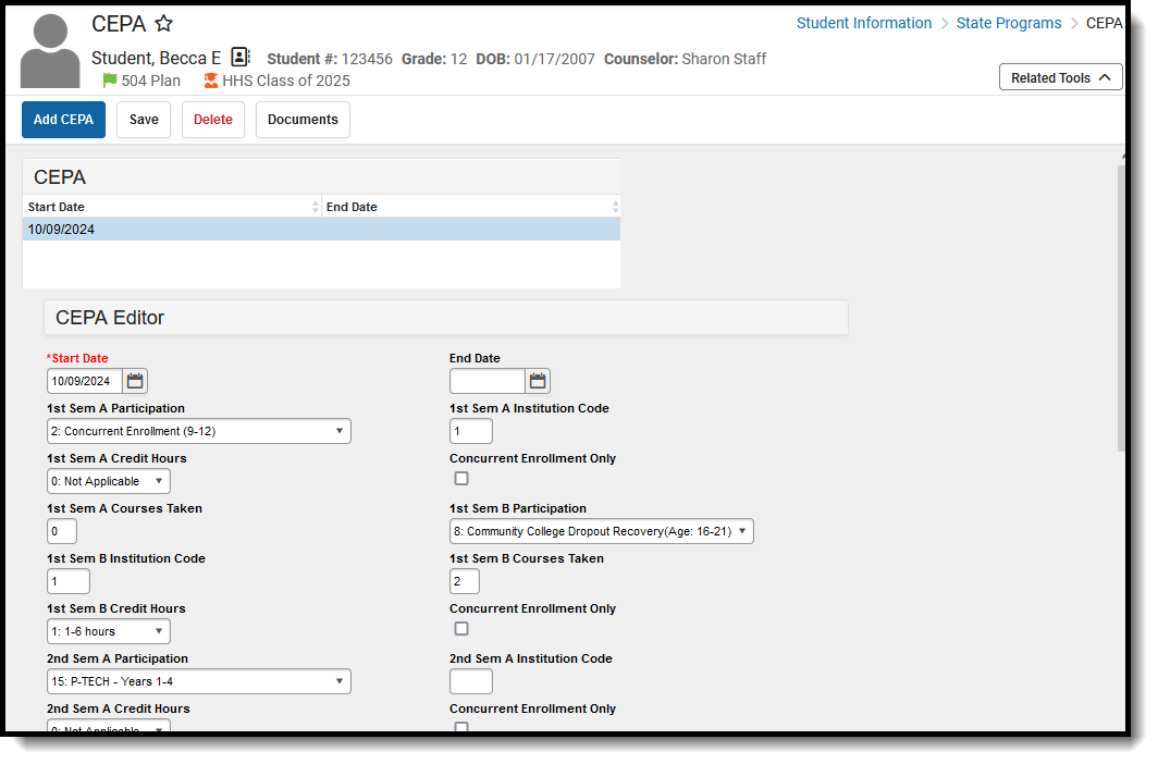 Screenshot of the student's CEPA record, located at Student Information, State Programs. 