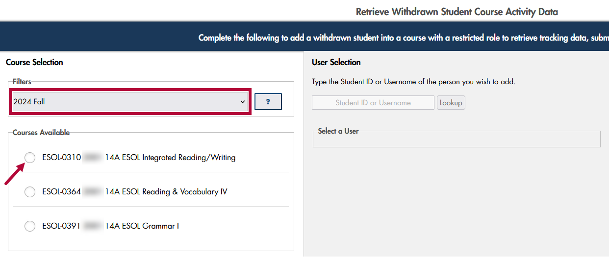 Identifies Course filter options and Indicates Courses Available.