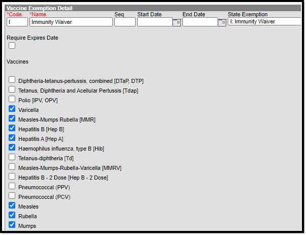 Screenshot of the appropriate vaccines marked for the Immunity Waiver state exemption.