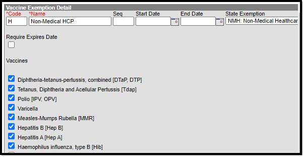 Screenshot of the appropriate vaccines marked for the Non-Medical Healthcare Practitioner state exemption.