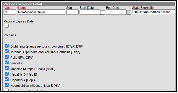 Screenshot of the appropriate vaccines marked for the Non-Medical Online state exemption.