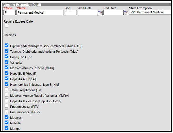 Screenshot of the appropriate vaccines marked for the Permanent Medical state exemption.