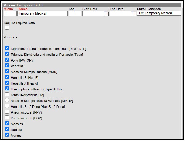 Screenshot of the appropriate vaccines marked for the Temporary Medical state exemption.