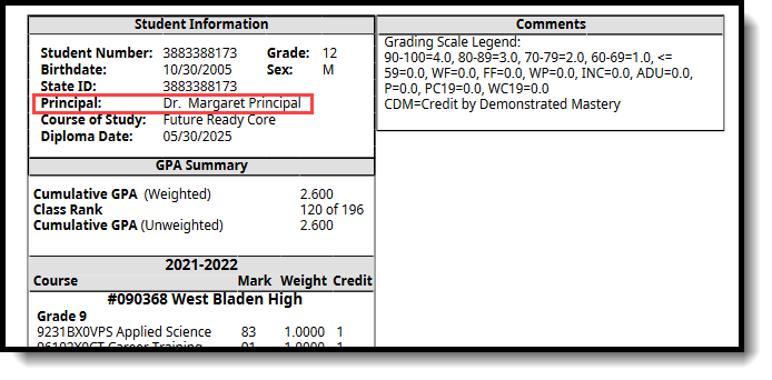 Screenshot of the principal's name displaying on the student's Transcript. 