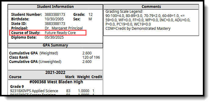 Screenshot of the North Carolina Official Transcript printed report, showing the Course of Study field. 