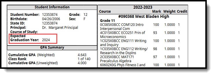 Screenshot of the Expected Graduation Year printing on the Transcript. 