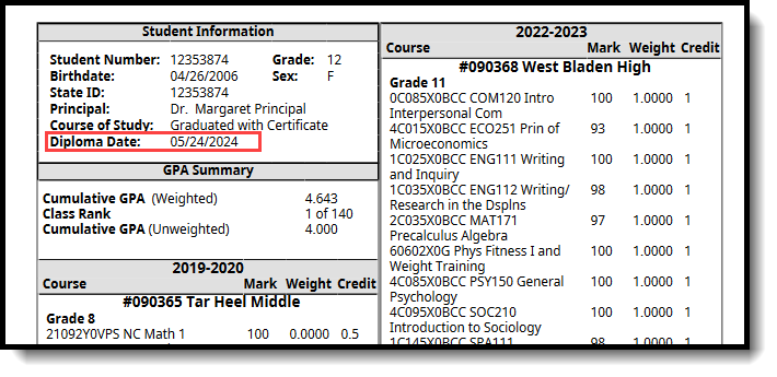 Screenshot of the Diploma Date printing on the transcript. 