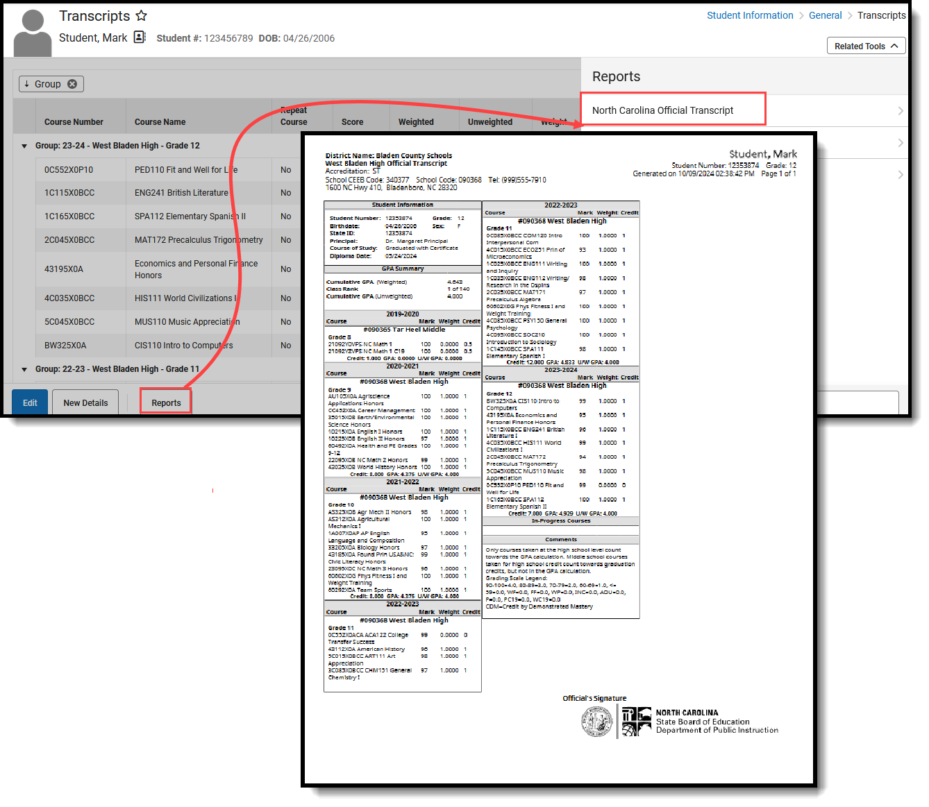 Screenshot of the available reports for student transcripts. 