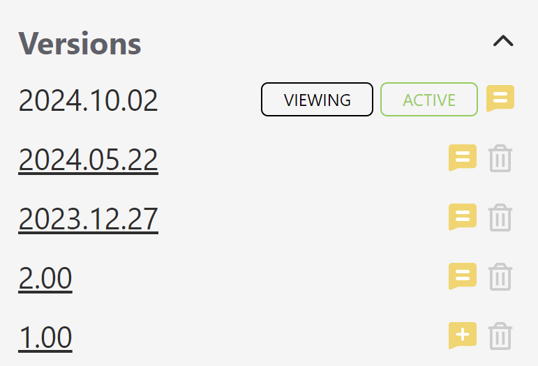 The Versions section of the article editor. Five versions are listed. Four have a yellow talk icon with two lines in it next to them. Version 1.00 has a yellow talk icon with a plus sign in it next to it.