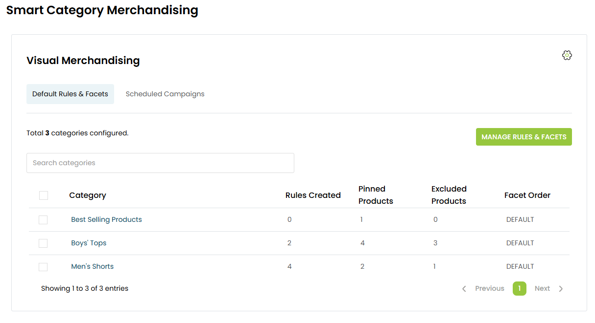 Visual Merchandising default rules and facets.