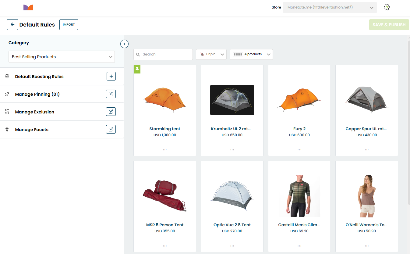 The rules page for visual merchandising, allowing you to specify rules for category pages.