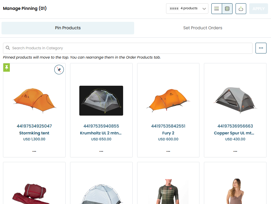 Manage pinned products in visual merchandising.
