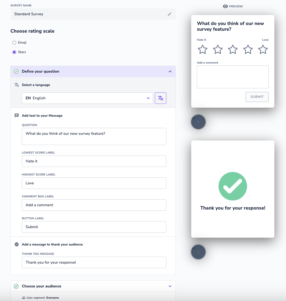 Userlane Portal Survey editor section with all the options visible