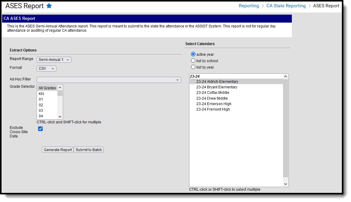 Screenshot of the ASES Report Editor, located at Reporting, CA State Reporting. 