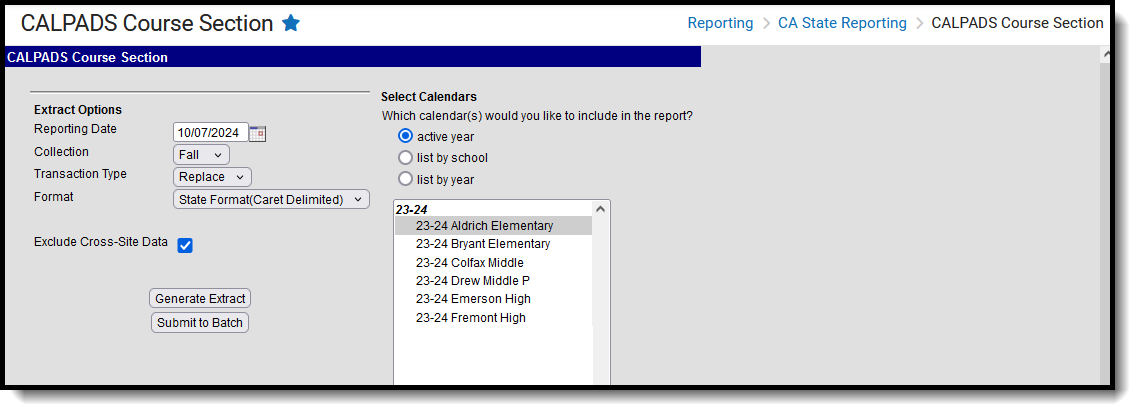 Screenshot of the CALPADS Course Section, located at Reporting, CA State Reporting. 