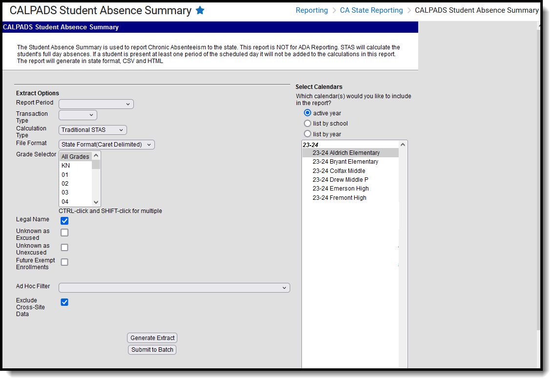 Screenshot of the CALPADS Student Absence Summary editor, located at Reporting , CA State Reporting. 