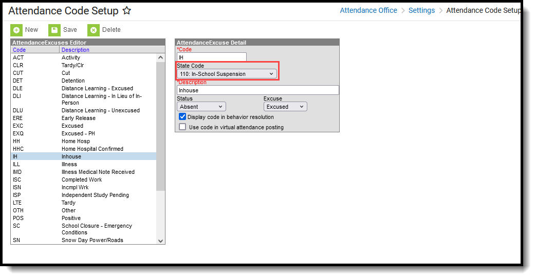 Screenshot of the Attendance Code Setup tool highlighting the selection of the State Code field with State Code 110 selected.