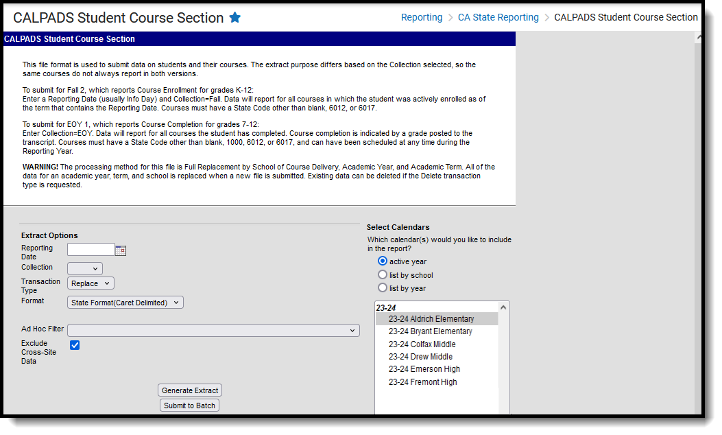 Screenshot of the CALPADS Student Course Section Extract, located at Reporting, CA State Reporting. 