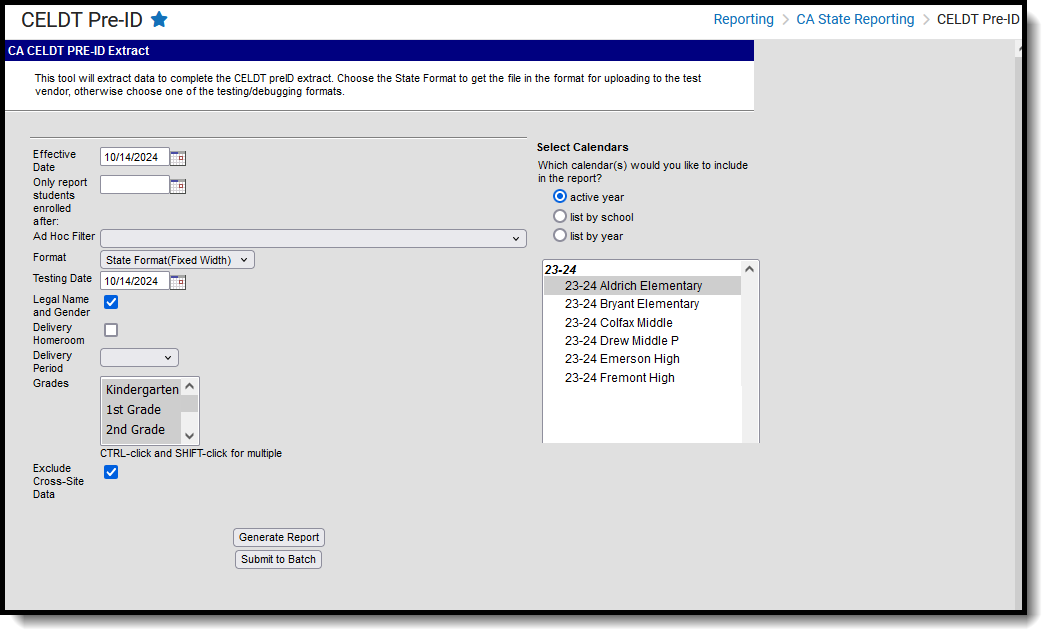 Screenshot of the CELDT Pre-ID extract editor, located at Reporting, CA State Reporting. 