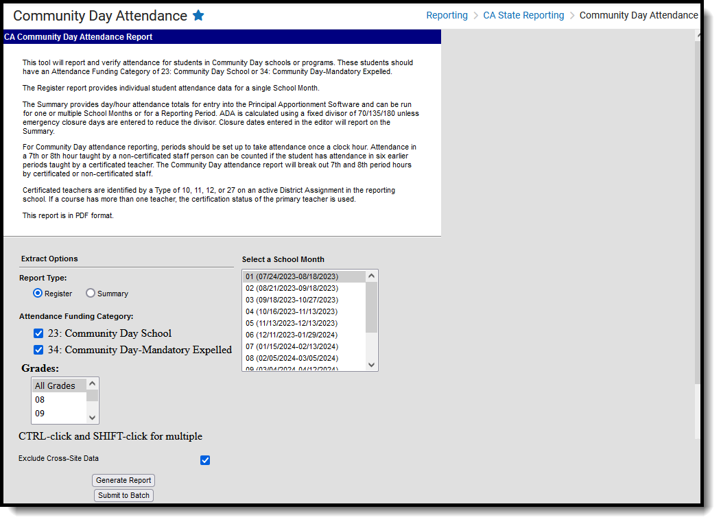 Screenshot of the Community Day Attendance Report, located at Reporting, CA State Reporting. 