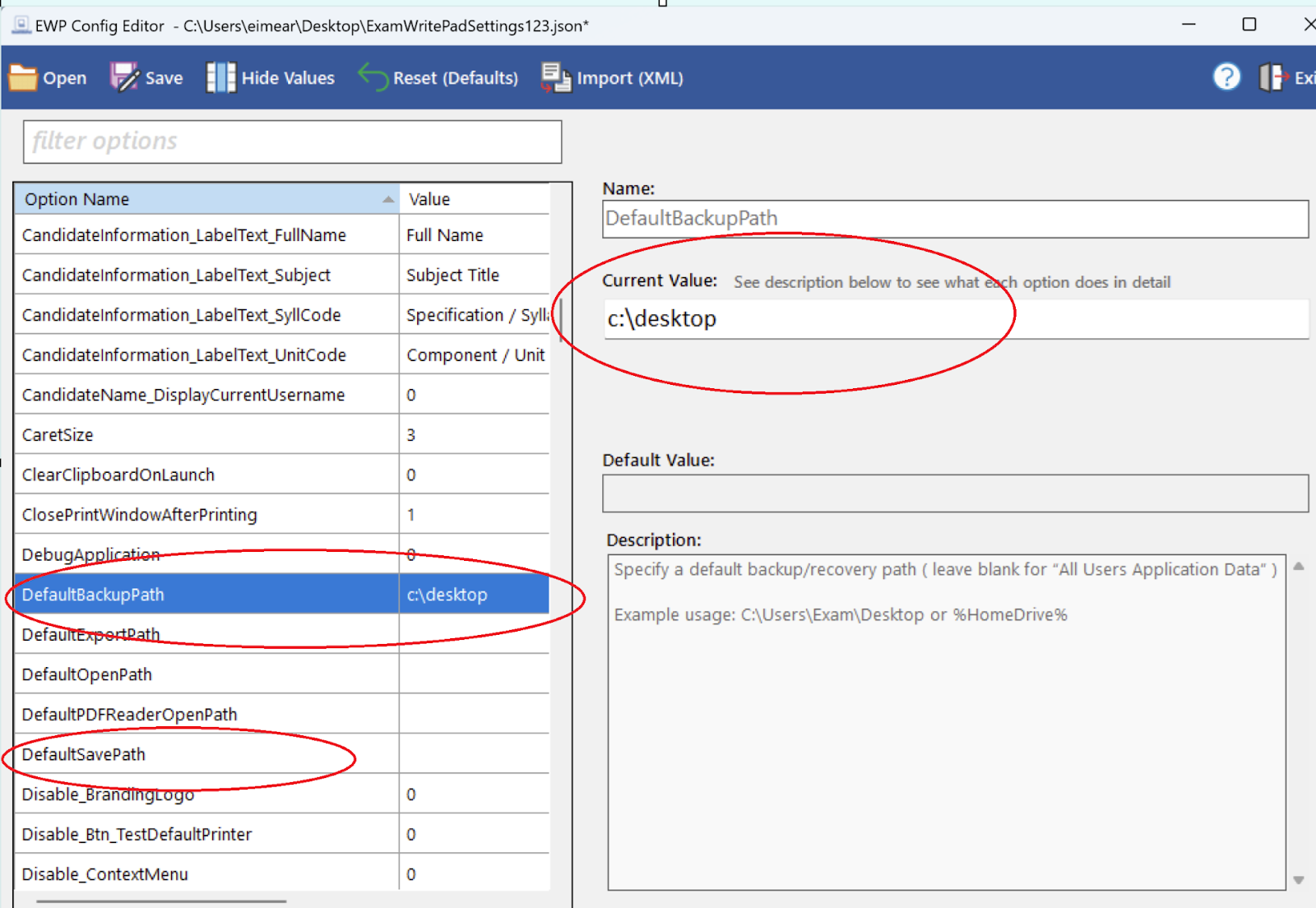 The Config Editor showing the Default Backup Path option open and the value field being edited.