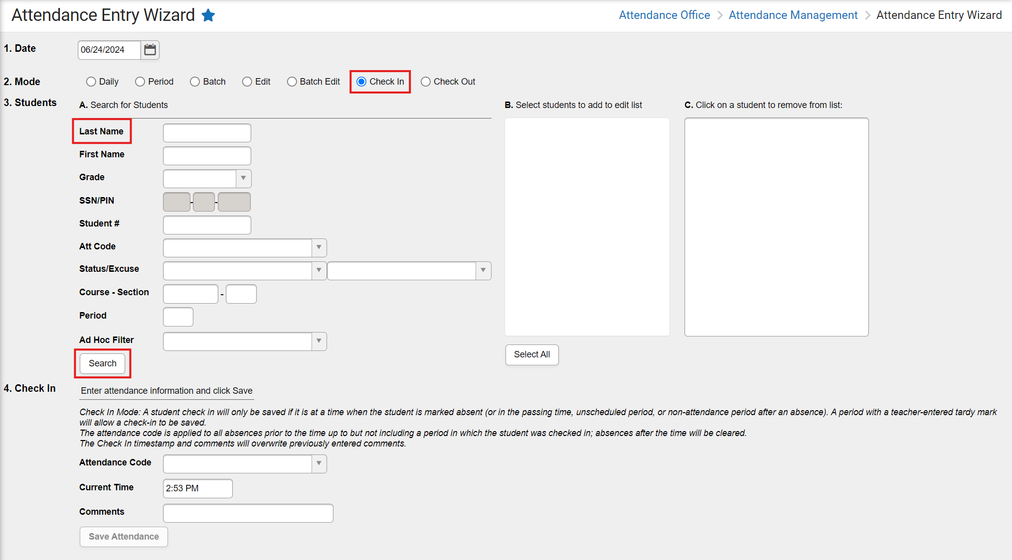 Attendance entry wizard checkin