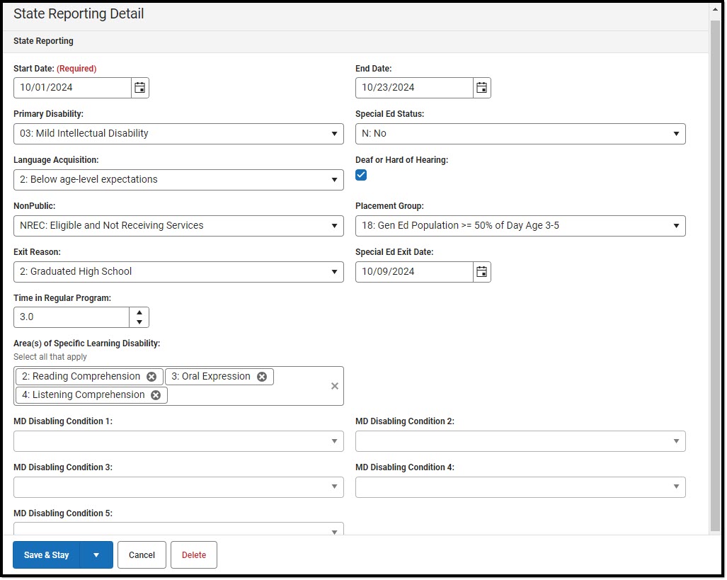 Screenshot of the Special Ed State Reporting Detail Screen.