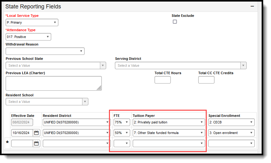 Screenshot of the student's enrollment record highlighitng the FTE and Tuition Payer fields. 