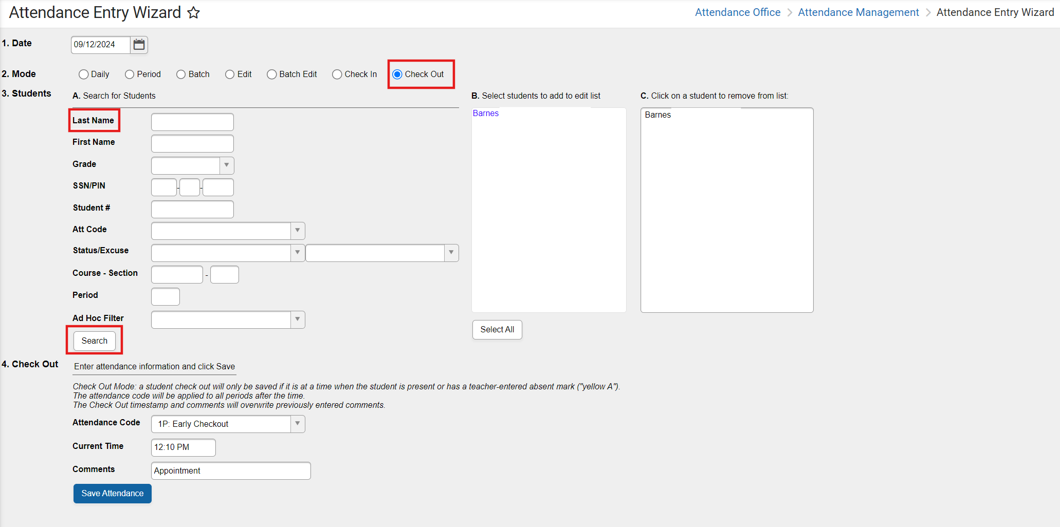 Attendance entry wizard checkout