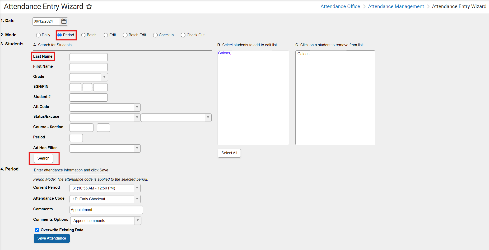 Attendance entry wizard checkout using period mode