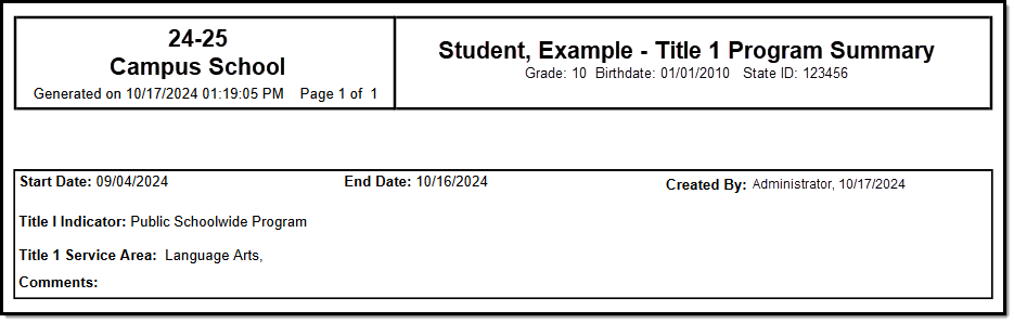 Screenshot of an example Title 1 print summary.