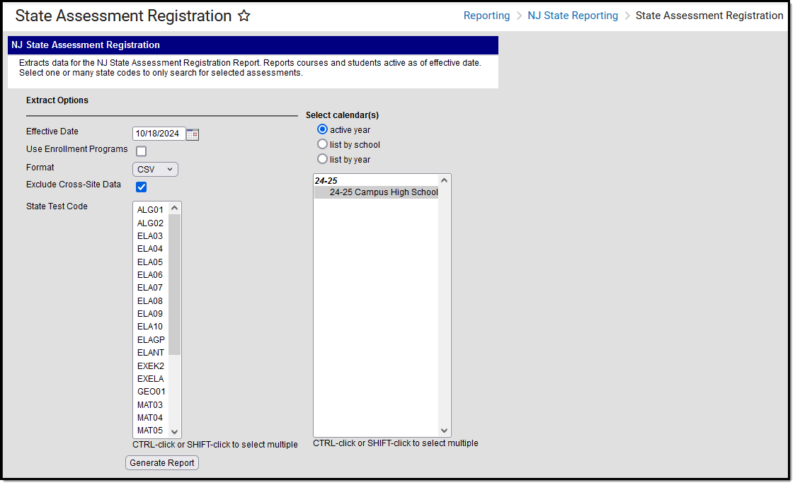 Image of the State Assessment Registration editor.