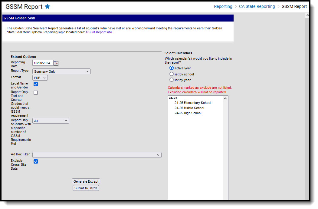 Screenshot of the GSSM Report Editor, located at Reporting, CA State Reporting