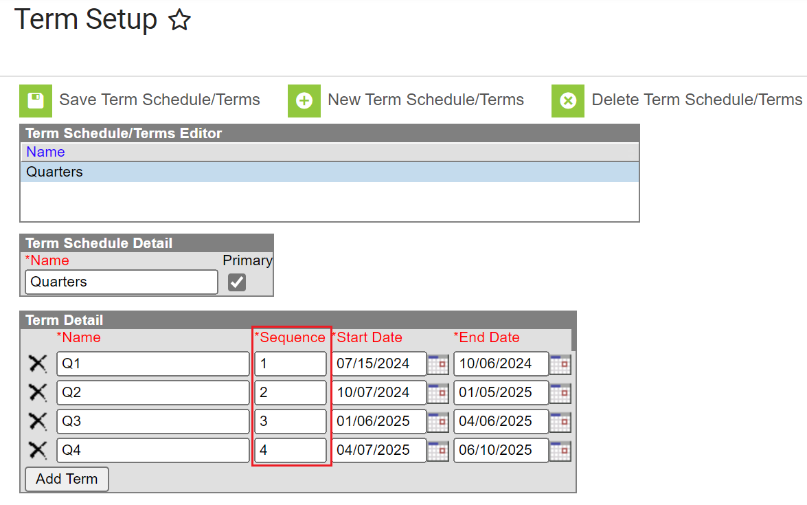 Term setup highlighting the sequence