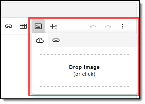 Screenshot highlighting the image icon in the text editor and the options that display when it is clicked.