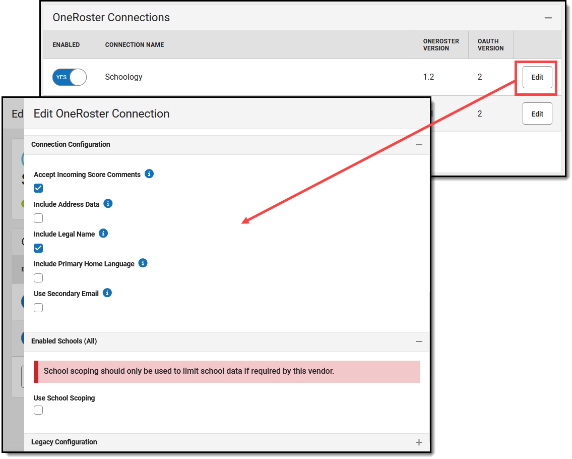 Two-part screenshot highlighting the edit button for a OneRoster connection and showing the expanded Connection Configuration and Enabled Schools sections.