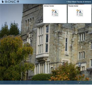 screenshot of the bionic interface showing tiles for the advisor center and faculty center