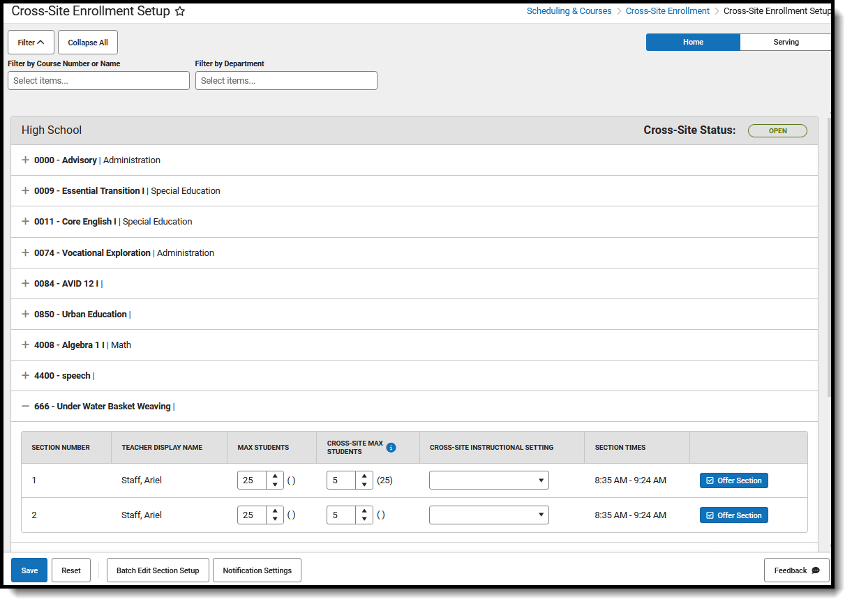 Screenshot of the Cross-Site Enrollment Setup tool, located at Scheduling & Courses, Cross-Site Enrollment.