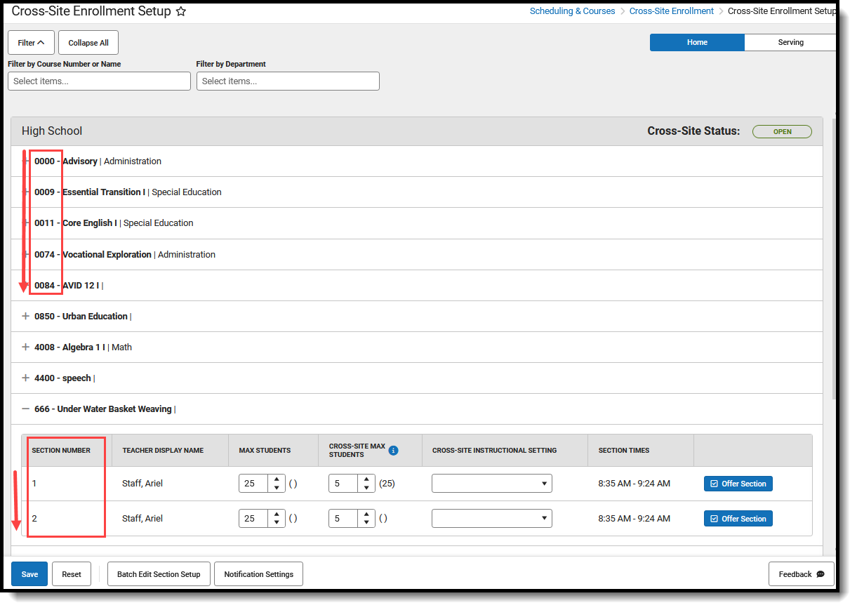 Screenshot of the Cross-Site courses and sections in numeric ascending order. 