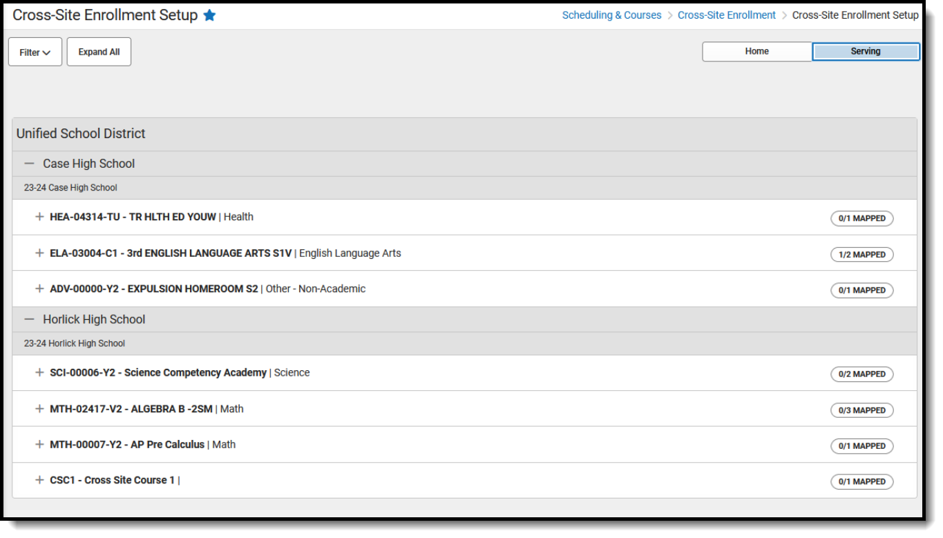 Screenshot of the Serving School view showing courses and sections in numeric order and with multiple schools and calendars. 