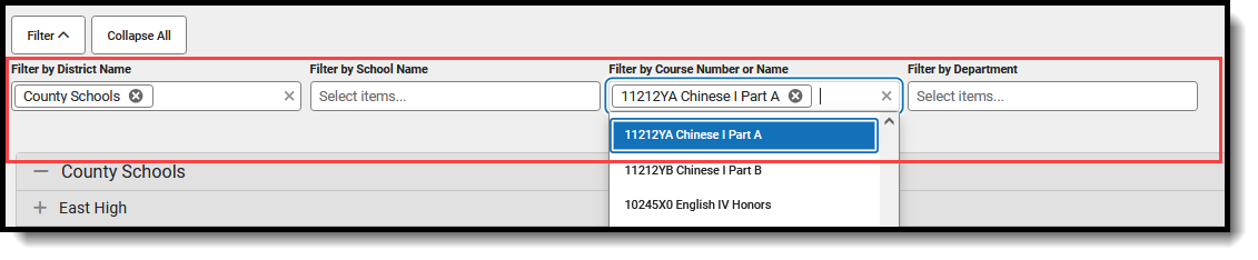 Screenshot of the filter options for Cross-Site Enrollment Setup